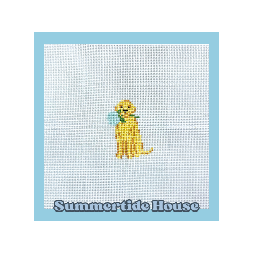 Mini Golden Retriever with a Hydrangea | 18 Mesh Needlepoint Canvas | New England Summer Collection
