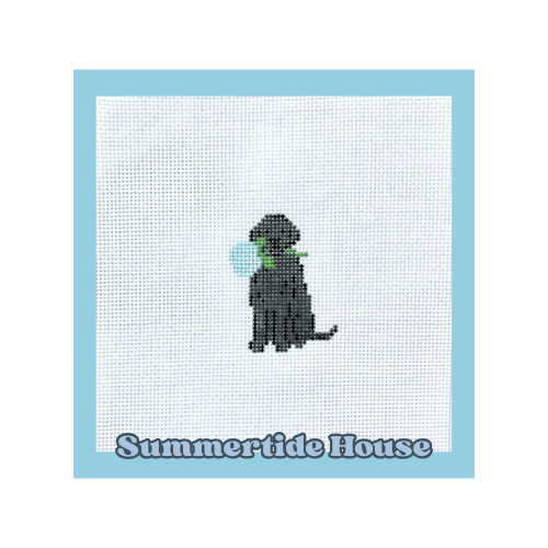 Mini Black Labrador Retriever with a Hydrangea | 18 Mesh Needlepoint Canvas | New England Summer Collection