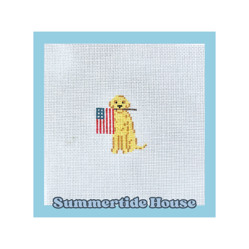 Mini Golden Retriever with the American Flag | 18 Mesh Needlepoint Canvas | New England Summer Collection